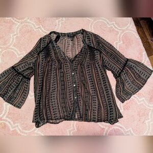 Jessica Simpson Striped Sheer Button-Front Blouse - Black and Dusty Rose medium